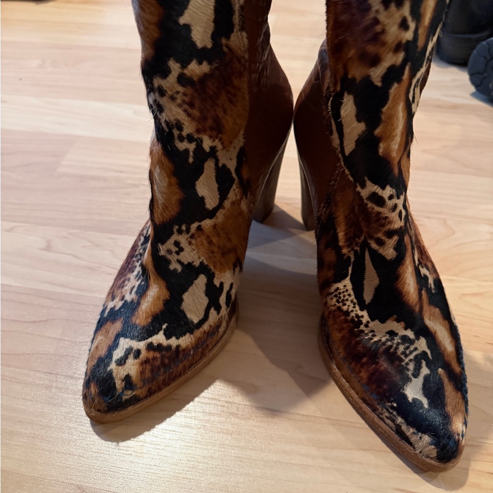 Free People Leopard-Print Pointed Toe Heeled Ankle Boots - Brown & Black